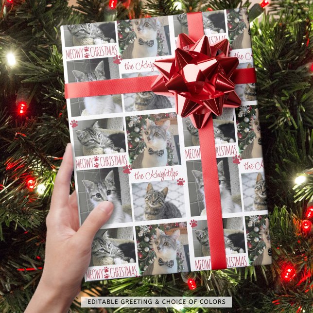 Funny Cat 4 Photo MEOWY CHRISTMAS Personalized Wrapping Paper (Creator Uploaded)