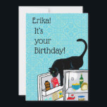 Funny Cat 9 Lives Personalized Birthday  Card<br><div class="desc">It's your birthday! Go ahead, act like it's the first of your nine lives. A wicked black cat gets the fridge open goes for the dream, I mean cream.  Turquoise tiles and detailed refrigerator content add to the charm and humour of this card. Your cat lover friends will absolutely get...</div>