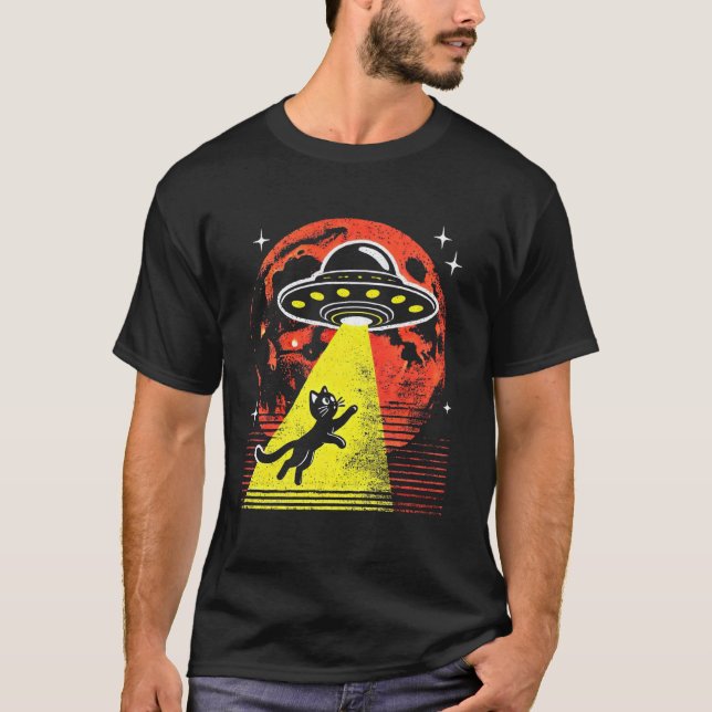 Funny Cat Alien Abduction UFO Encounter Sci-Fi T-Shirt (Front)
