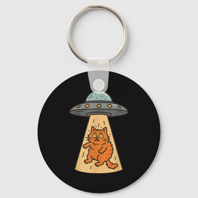 Funny Cat Alien Abduction Ufo Spaceship Kitty Sci  Keychain (Front)