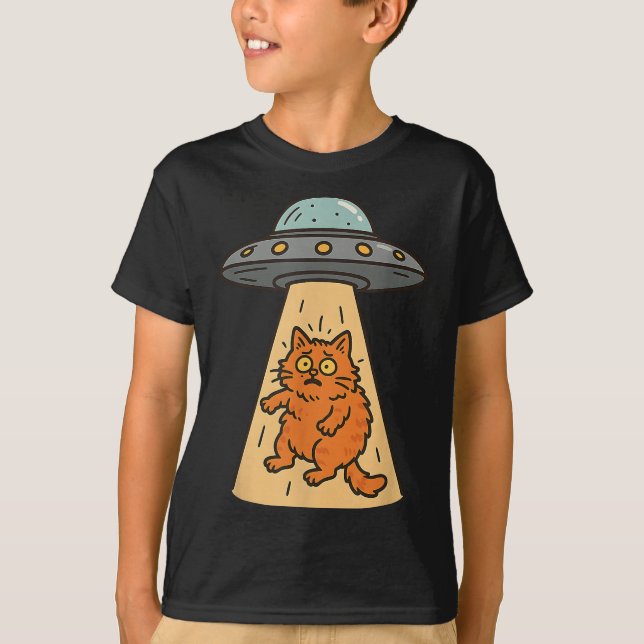 Funny Cat Alien Abduction Ufo Spaceship Kitty Sci  T-Shirt (Front)
