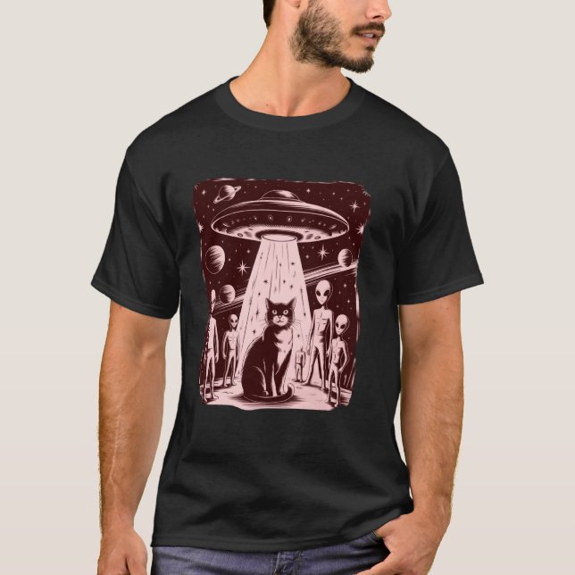 Funny Cat Alien UFO Encounter Sci-Fi T-Shirt (Front)