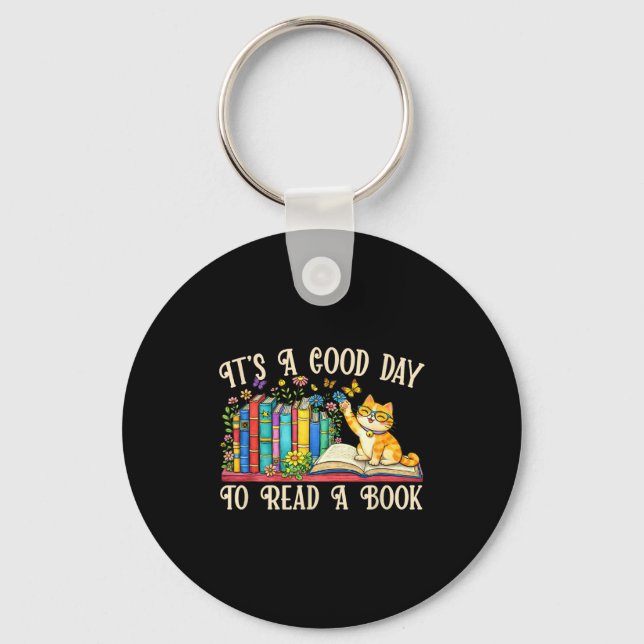 Funny cat &amp; book lovers - a good day to read keychain (Front)