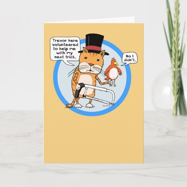 Funny Cat and Bird Magic Trick Birthday Card (Front)