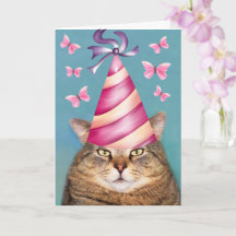 Funny Cat and Butterfly Birthday Card