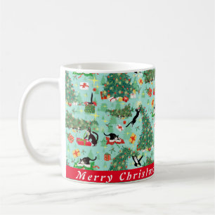 Funny Cat and Christmas Tree Custom Coffee Mug