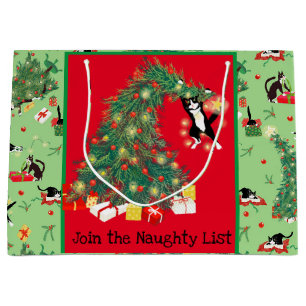 Funny Cat and Christmas Tree Trouble Custom Green Large Gift Bag