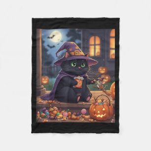 Funny Cat And Cute Mouse Halloween Pumpkin Black Fleece Blanket