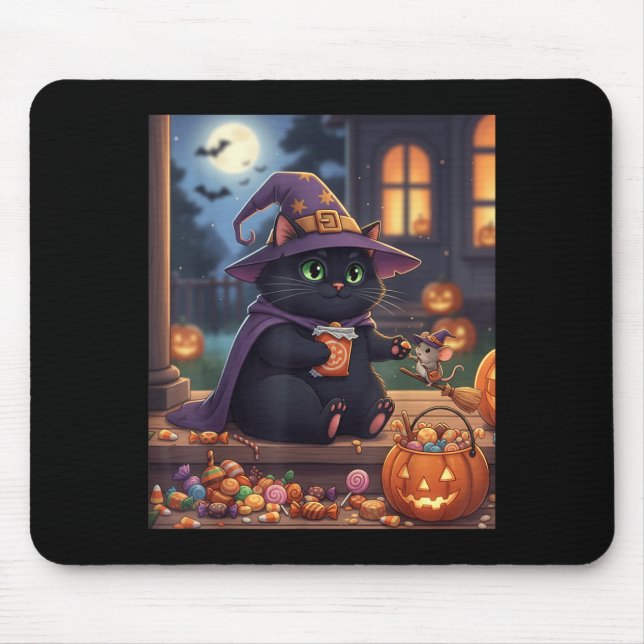 Funny Cat And Cute Mouse Halloween Pumpkin Black Pad (Front)