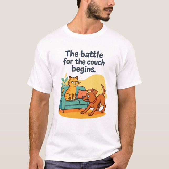 Funny Cat and Dog T-Shirt – Battle for the Couch  (Front)