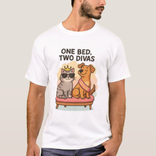 Funny Cat and Dog T-Shirt – One Bed, Two Divas