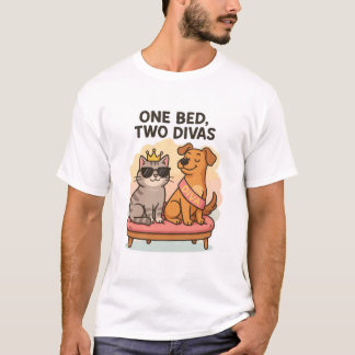 Funny Cat and Dog T-Shirt – One Bed, Two Divas
