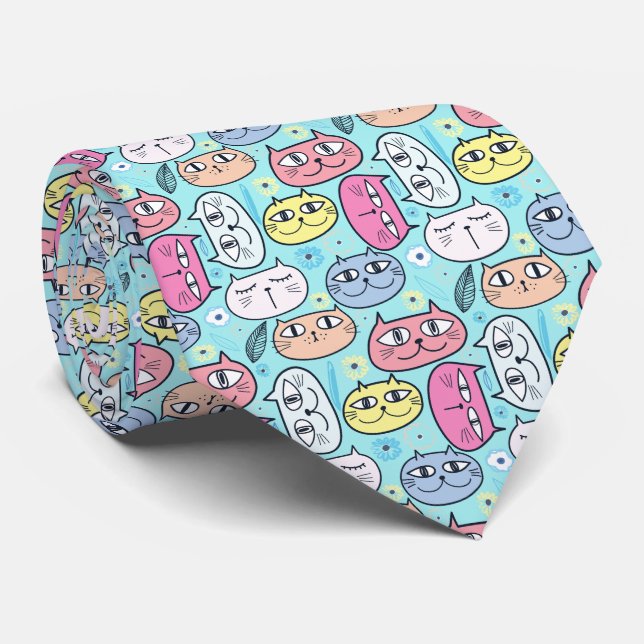 Funny Cat and Kitten Faces Blue     Tie (Rolled)
