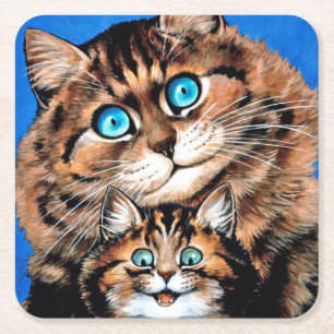 Funny Cat and Kitten, Louis Wain Square Paper Coaster