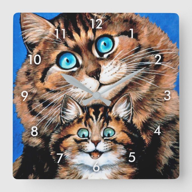 Funny Cat and Kitten, Louis Wain Square Wall Clock (Front)