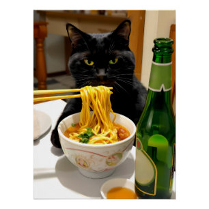 Funny Cat and Noodles Scene – Asian Food Humor Poster