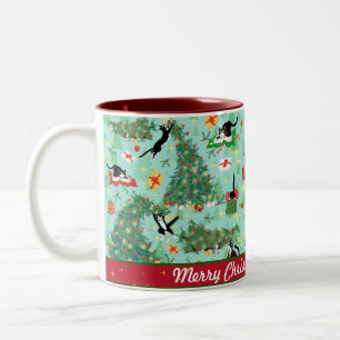 Funny Cat and The Christmas Tree Personalized Two-Tone Coffee Mug