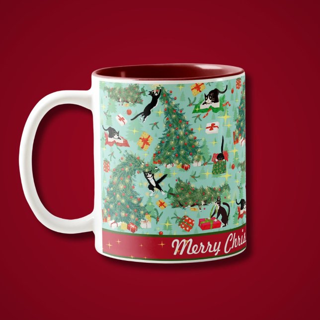 Funny Cat and The Christmas Tree Personalized  Two-Tone Coffee Mug (Funny Cats topple the Christmas Tree on this cute Personalized holiday mug)