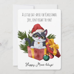 Funny Cat-apult Christmas Joy Popping Out Of Box Holiday Card