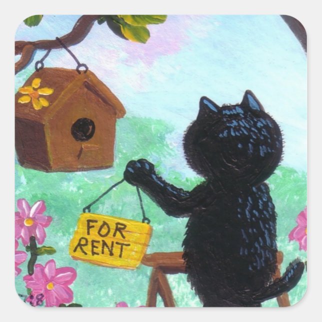 Funny Cat Art Birdhouse Cartoon Creationarts LRA Square Sticker (Front)