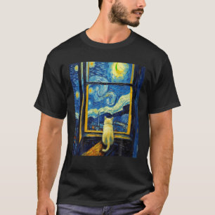 Funny cat art painting Cat Lover Starry Night Cat T-Shirt