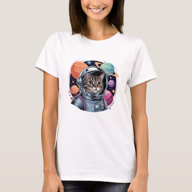 Funny Cat Astronaut In Space T-Shirt (Front)