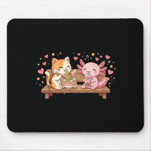 Funny Cat Axolotl Eating Ramen Noodles Boba Kawaii Mouse Pad