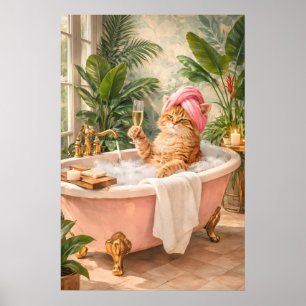 Funny Cat Bath Poster, Champagne Print, Whimsical Poster