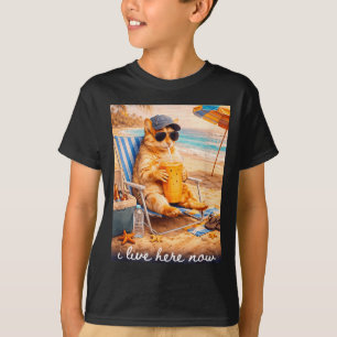 Funny Cat Beach I Live Here Now T-Shirt