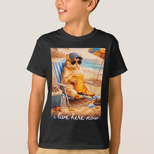 Funny Cat Beach I Live Here Now T-Shirt (Front)