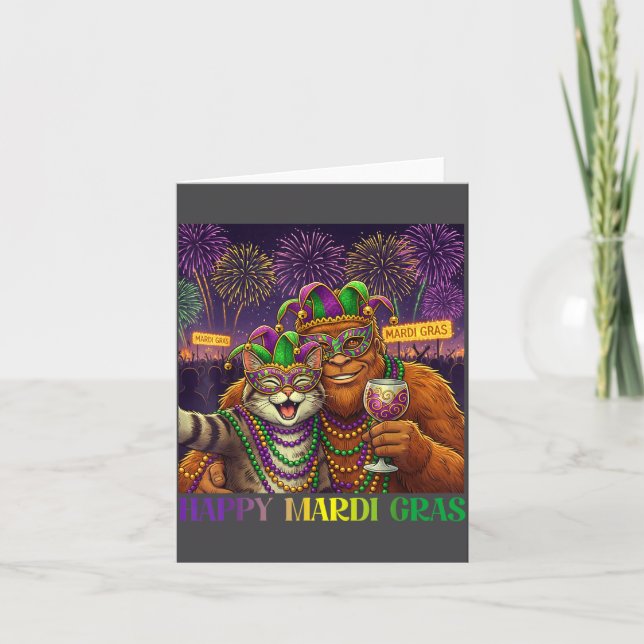 Funny Cat Bigfoot Selfie Mardi Gras Carnival Party Card (Front)