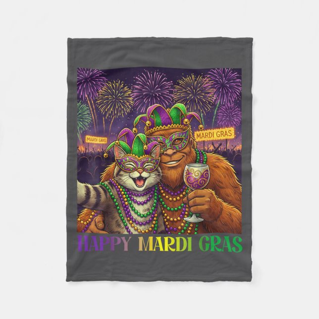 Funny Cat Bigfoot Selfie Mardi Gras Carnival Party Fleece Blanket (Front)