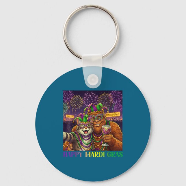 Funny Cat Bigfoot Selfie Mardi Gras Carnival Party Keychain (Front)
