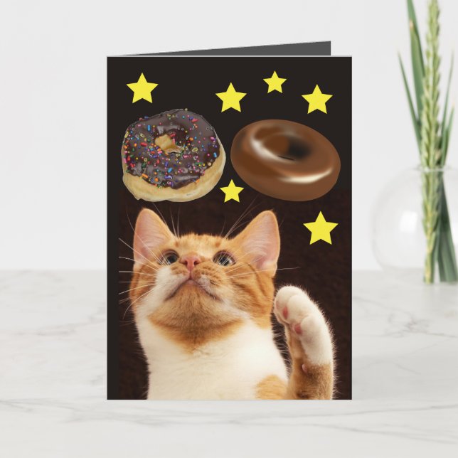 FUNNY CAT BIRTHDAY SPACE CAT WITH DONUTS CARD (Front)