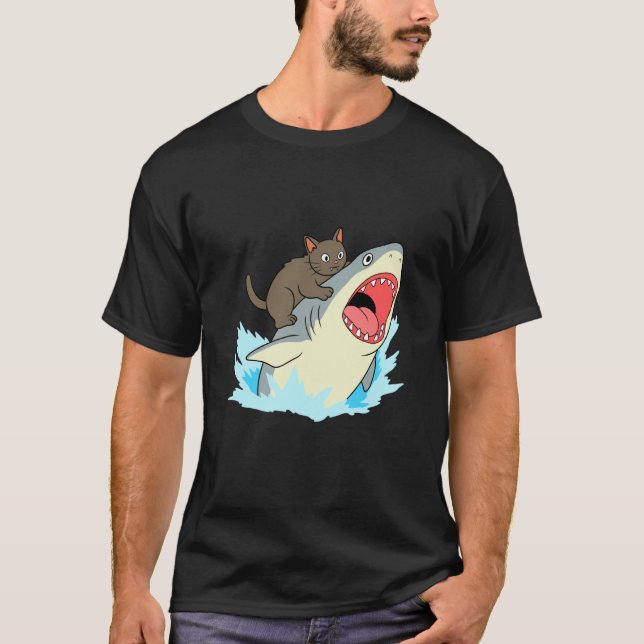 Funny Cat Biting Shark T-Shirt (Front)