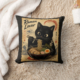 Funny Cat Black Ramen Japanese Art Style  Throw Pillow