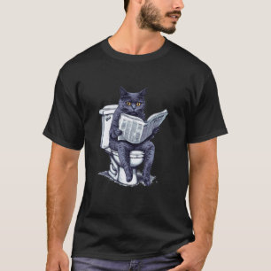 Funny Cat Black Reading Newspaper Toilet Humour Sa T-Shirt