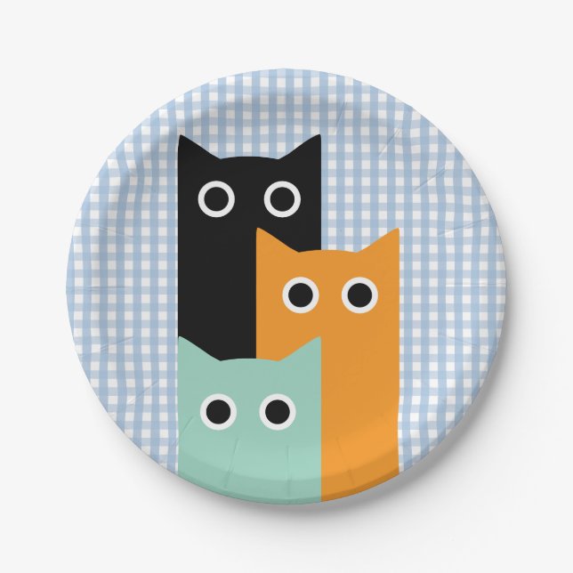 Funny Cat, Blue Gingham Paper Plate (Front)