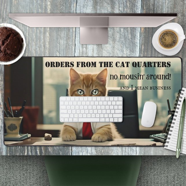 Funny Cat Business (Desk mat featuring a cute cat in office outfit behind a desk and your custom funny (or other) texts)