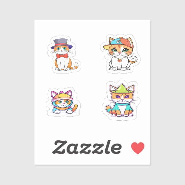 Funny Cat Cartoon Art 4 Pack Stickers (Sheet)