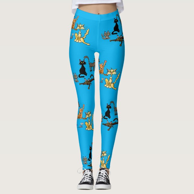 Funny Cat Cartoon Blue Leggings (Front)
