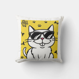 Funny Cat, Cartoon cat wearing sunglasses Throw Pillow