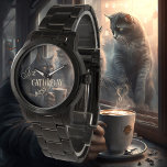 Funny Cat Caturday Coffee Watch<br><div class="desc">Artistic watch featuring a painting of a grumpy cat having a coffee. Add your own funny or other texts.</div>