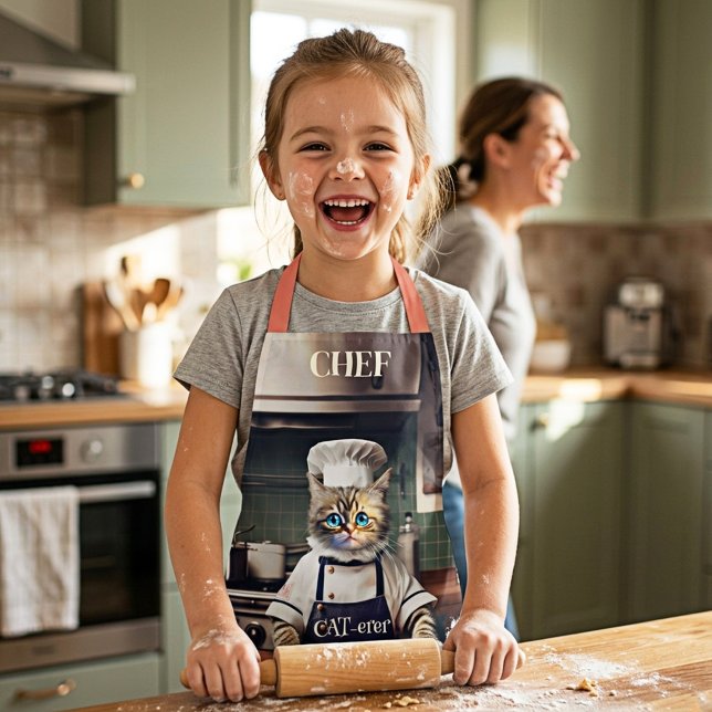 Funny Cat Chef Caterer Cute Apron (A cute chef caterer apron featuring a funny kitty trying to make a mess of the kitchen)