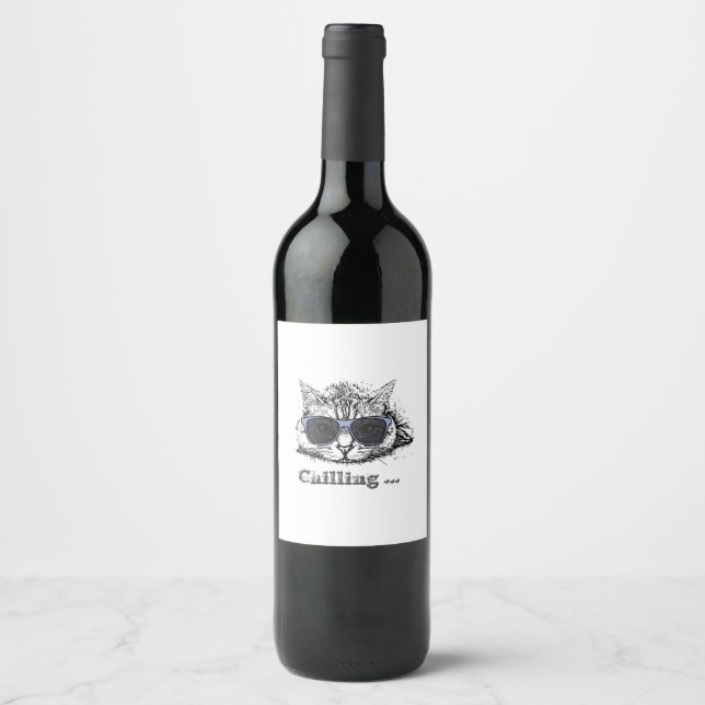 Funny Cat Chilling With Cute Sunglasses         Wine Label (Front)