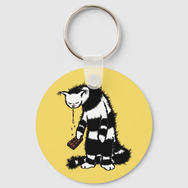 Funny Cat Chocolate Lover - Ink Drawn Drooling Cat Keychain (Front)