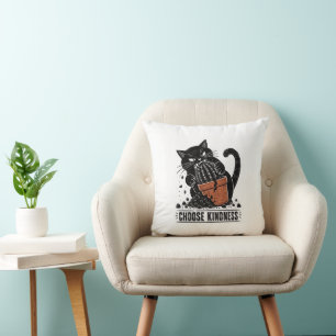 Funny Cat Choose Kindness Linocut Meme Throw Pillow