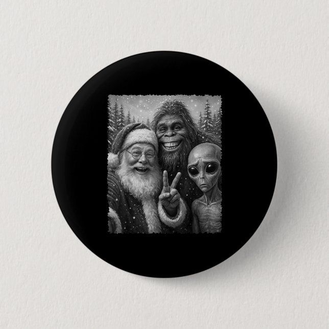 Funny Cat Christmas Bigfoot Alien Santa Snow Selfi 2 Inch Round Button (Front)