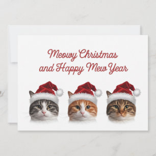 Funny cat christmas meow wearing christmas hat  holiday card