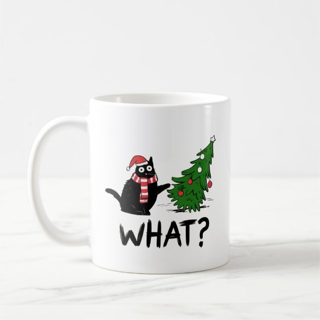 Funny Cat Christmas Mug – Cat Knocked Over Tree (Left)